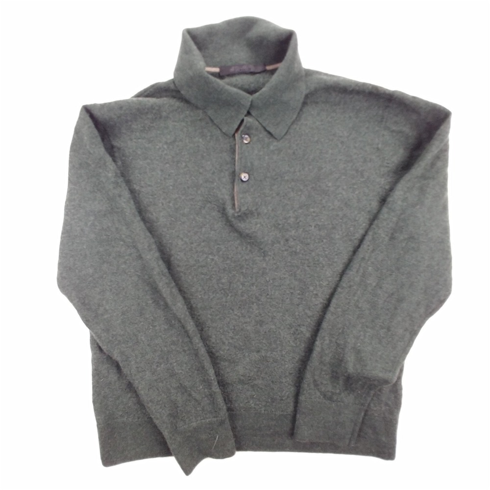 Raffi Sweater Size L Green Extra Fine Merino Wool Long Sleeve Polo Shirt